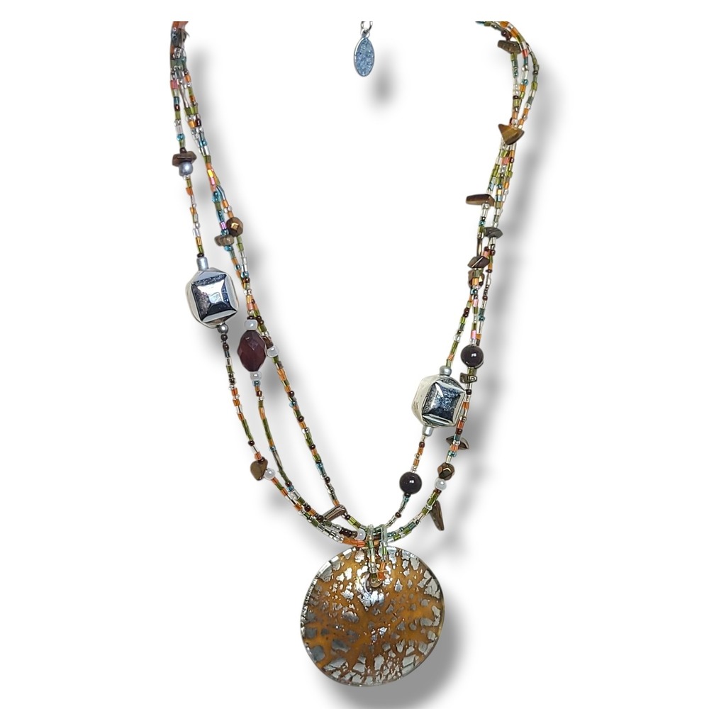 Vintage Multi-strand Beaded Necklace Large Round Art Glass Pendant Signed Cg - Picture 5 of 7